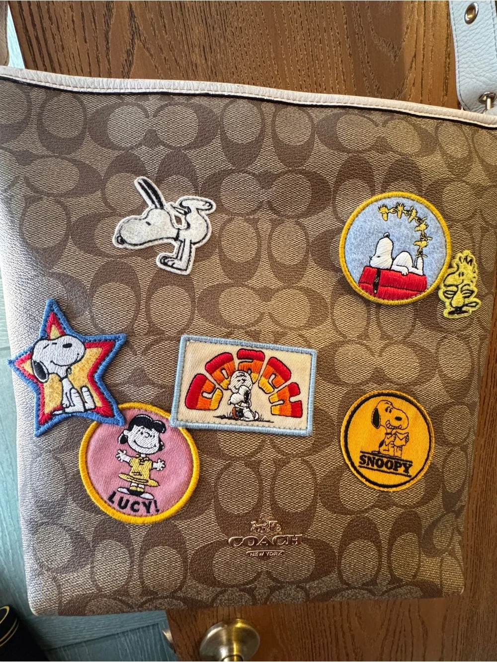 Snoopy Coach Brown Signature Canvas Crossbody Bag with White Strap and wallet